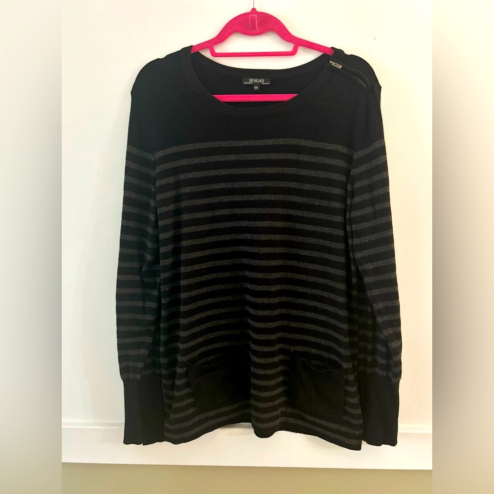 Renuar Black Stripe Long Sleeve Sweater with Pocket Detail